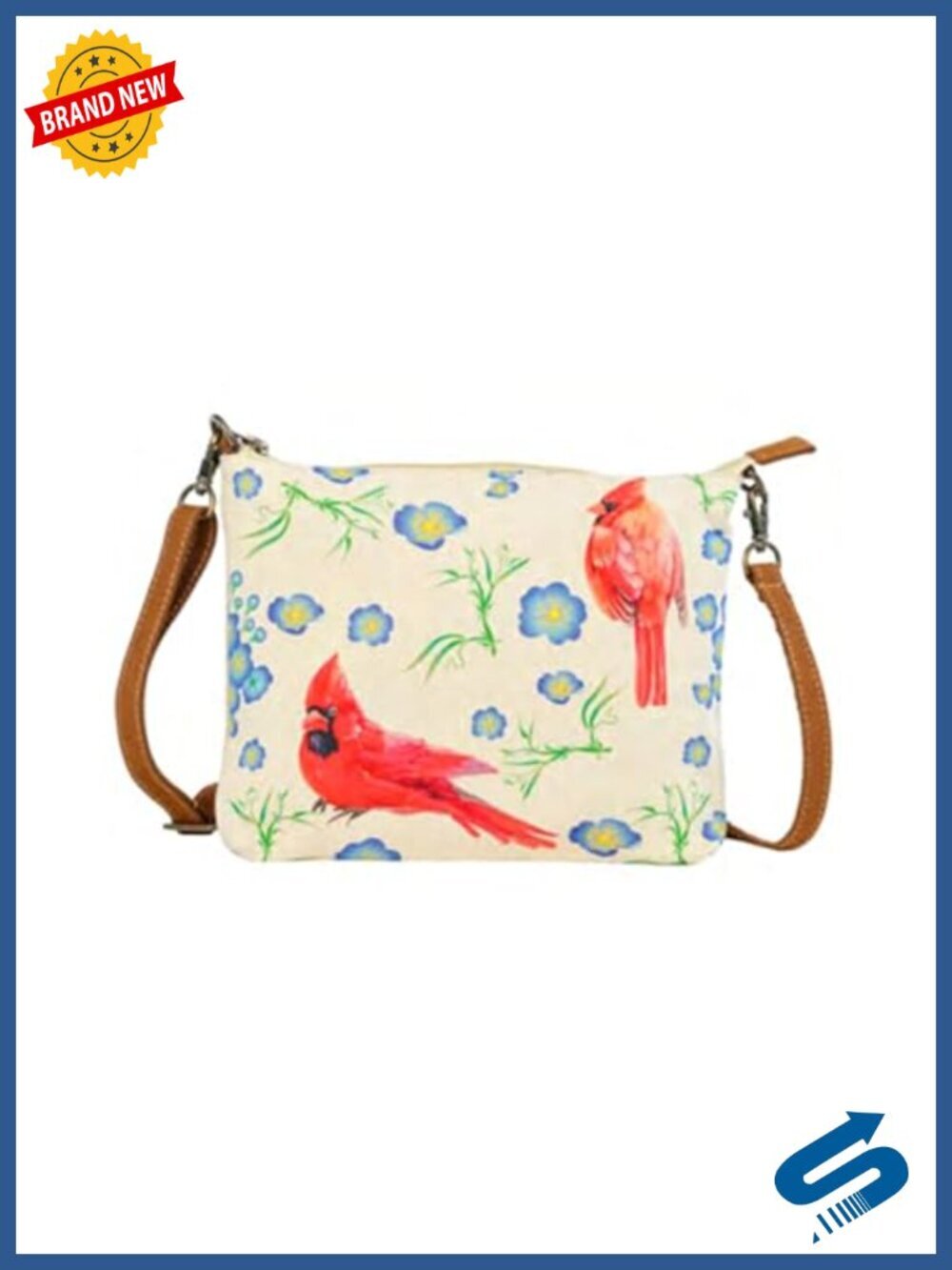 Canvas Crossbody Sling Bag with Floral Cardinal Print, Zipper Closure